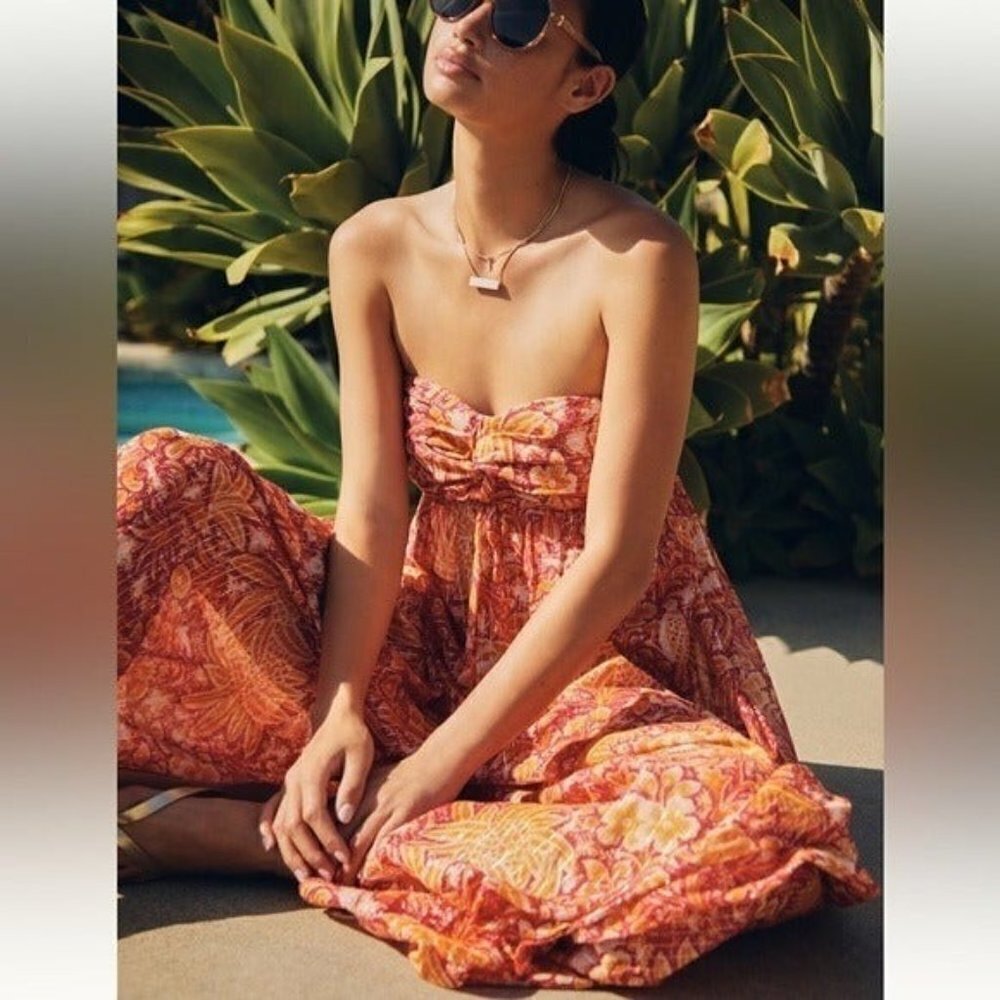ANTHROPOLOGIE Harem Sleeveless Jumpsuit  Mutil Orange Floral Boho Size XL NEW